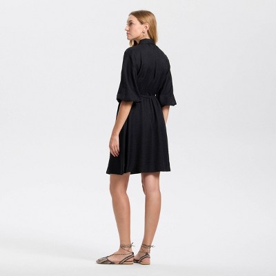 Женские платья Universal Thread Women's Elbow Sleeve Drawstring Waist Mini Shirtdress - Universal Thread™ Black XS — фото 2