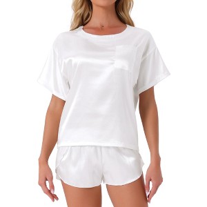 INSPIRE CHIC Women's Lounge Sets Satin Silky Short Sleeve T-shirt with Slit Elastic Shorts Sleepwear Pajama Set - 1 of 4