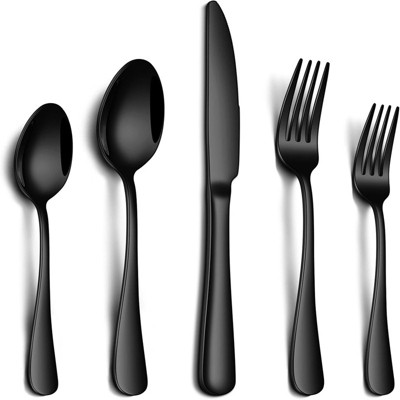 BRINJOY 20-Piece Black Stainless Steel Silverware Set - Mirror Polished Cutlery Set for 4, Dishwasher Safe