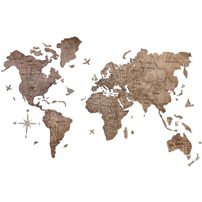 HomeRoots 24" X 39" Brown Wood World Map Hanging Dimensional Sculpture