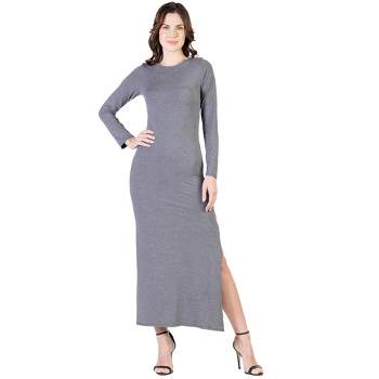 24seven Comfort Apparel Womens Long Sleeve Side Slit Fitted Black Maxi Dress