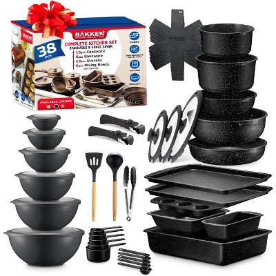 Bakken Master 38 Piece Granite Cookware and Bakeware Set – Nonstick Granite Coating, Tempered Glass Lids, 6-piece Bakeware set, 12-piece Mixing Bowls,