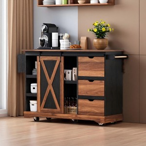 Merax Farmhouse Kitchen Island with Drop Leaf, Barn Door Storage, Rolling Cart with Spice & Towel Racks, Power Outlet, and Adjustable Shelves - 1 of 4