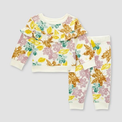 Image of Burt's Bees Baby® Girls' Foliage Floral French Terry Top & Pant Set - 9M