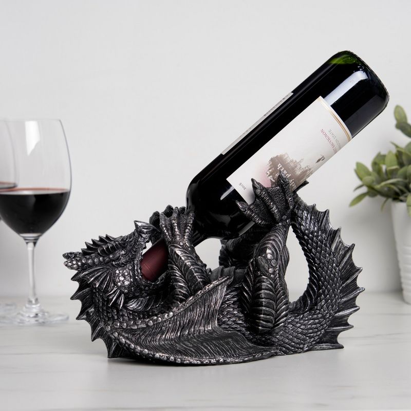 True Dragon Wine Bottle Holder | Fantasy Tabletop Statue, Gothic Wine Accessory, Soft Base Protects Tables, Pewter Color Finish, 3 of 6