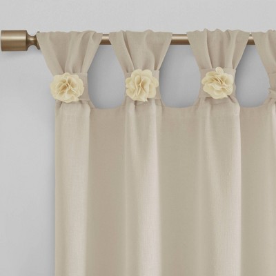 Linen Tab Top Sheer Curtain Panel with Floral Embellishments