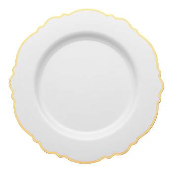 Smarty Had A Party 10.25" White with Gold Rim Round Blossom Disposable Plastic Dinner Plates (120 Plates)