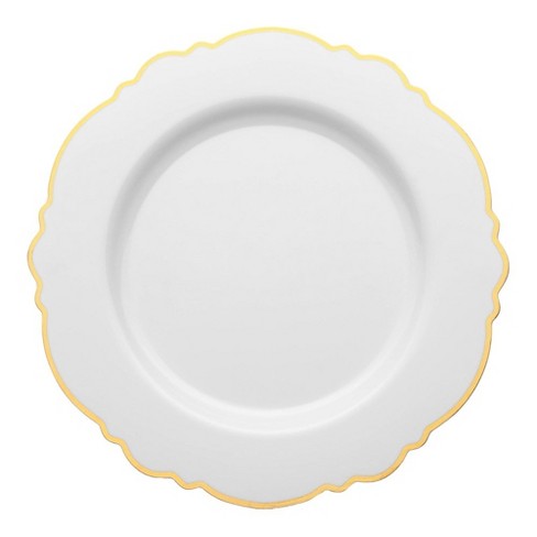 Smarty Had A Party 10.25" White with Gold Rim Round Blossom Disposable Plastic Dinner Plates (120 Plates) - image 1 of 4