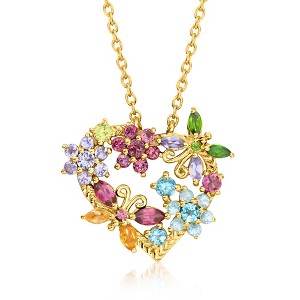 Ross-Simons 1.88 ct. t.w. Multi-Gemstone Flower and Butterfly Heart Necklace in 18kt Gold Over Sterling Size 18 - 1 of 4
