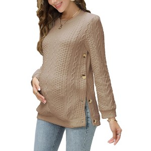 Coolmee Women's Maternity Cable Knit Tops Long Sleeve Split Side Crewneck Pregnancy Nursing Pullover Sweatshirt - 1 of 4