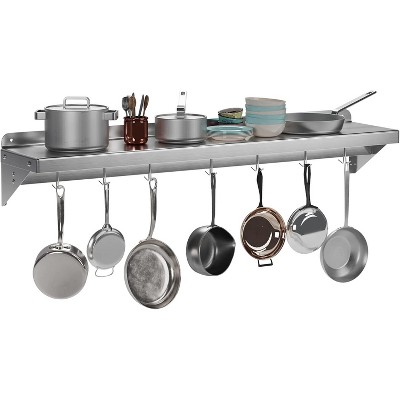 12" x 24" Stainless Steel Wall Mounted Pot Rack Shelf with 5 Hooks, Stainless Steel Shelf, Commercial Wall Mounted, Easy to Clear