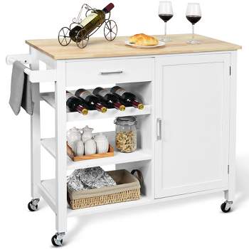 Costway 4-Tier Wood Kitchen Island Trolley Cart Storage Cabinet w/ Wine Rack White