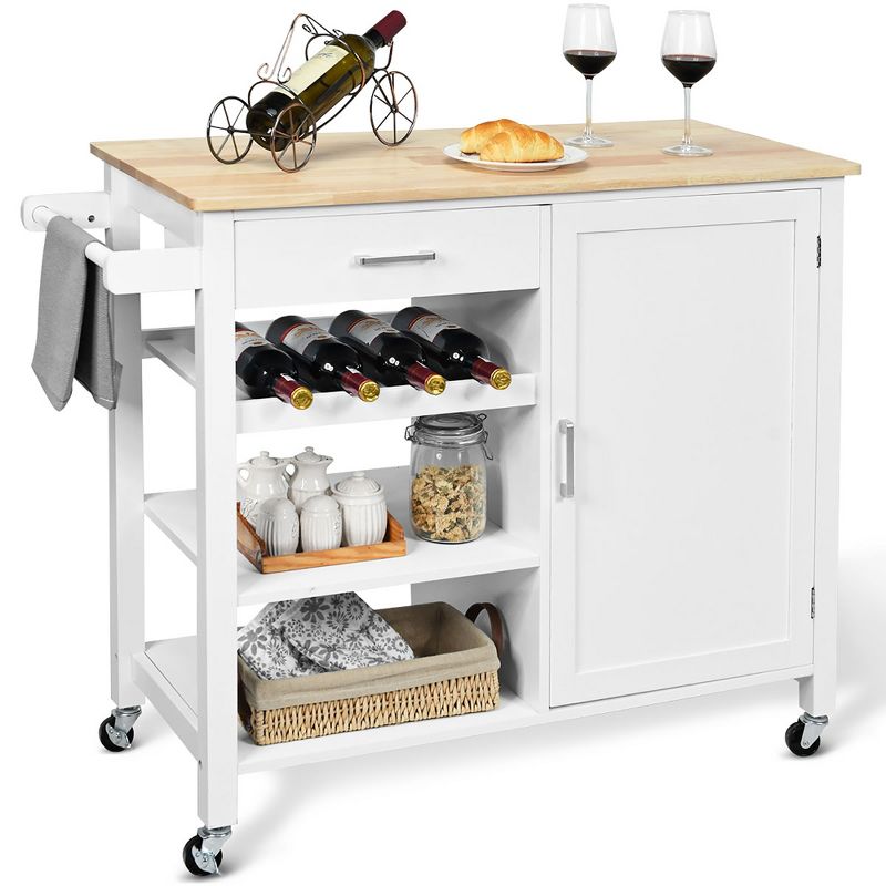 Costway 4-Tier Wood Kitchen Island Trolley Cart Storage Cabinet w/ Wine Rack White, 1 of 11