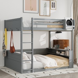 Queen Size Wooden Bunk Bed with Built-in Shelves, Storage Box, LED Light & USB Charging Station, No Box Spring Needed, White/Gray - ModernLuxe - 1 of 4
