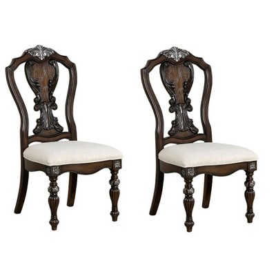Royal Hampton Side Dining Chair Set of 2, Ornate Carved Dark Brown Wood