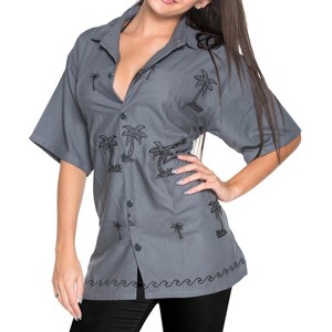 LA LEELA Women's Summer Casual Blouse Shirt Solid Blouses Button Up Short Sleeve Dress Tops Tee Hawaiian Shirts for Women - 1 of 3