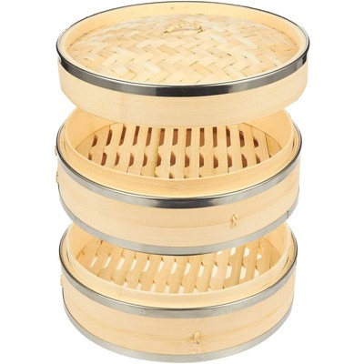 Juvale 2-Tier Bamboo Steamer Basket with Steel Rings for Dumplings, Dim Sums, 10 in