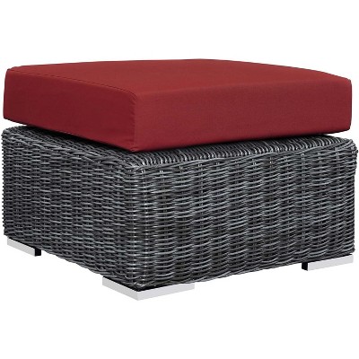 Modway Summon Outdoor Ottoman – Canvas Red Sunbrella Fabric Cushioned Patio Footrest with All-Weather PE Rattan Frame
