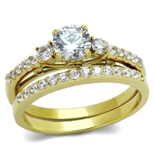 Slickblue Women's Gold-Tone CZ Engagement Ring Set, Round Cut, Layered Two-Piece Style, Prong Set, Sizes 5-10 - 1 of 4