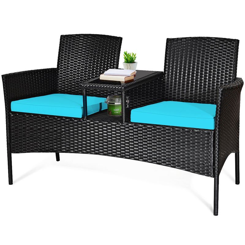 Costway Patio Rattan Conversation Set Seat Sofa Cushioned Loveseat Glass Table Chair Red\Turquoise, 2 of 10