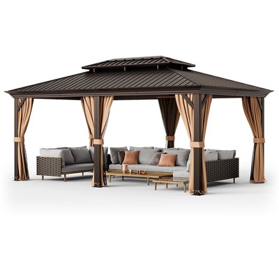 Tangkula 12' x 20' Double-Roof Hardtop Gazebo w/ Galvanized Steel Roof Netting Curtains