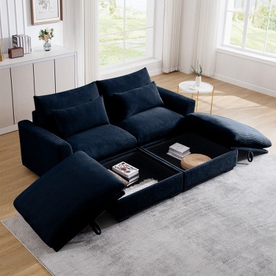 MYINDA  Sectional Sofa Comfy Corduroy Couch for Living Room, Deep Couches with 2 Storage Ottomans,Darkblue