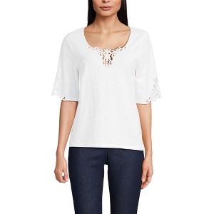 Lands' End Women's Elbow Sleeve Slub Lace Trim T-Shirt - 1 of 4