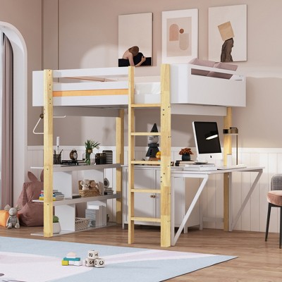 Twin/Full Size Wood Loft Bed with Built-in Storage Cabinet and Cubes, Foldable desk, White/Gray, 4A -ModernLuxe