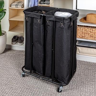 Black Metal 2-Bag Rolling Laundry Sorter with Wheels