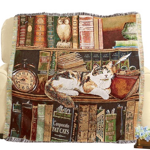 Collections Etc Charming Library Cat Tapestry Fringe Border Throw Blanket Target