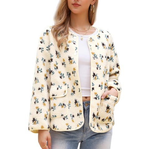 INSPIRE CHIC Women's Vintage Floral Print Winter Warm Long Sleeve Faux Shearling Collarless Button Down Fleece Jacket Large Beige