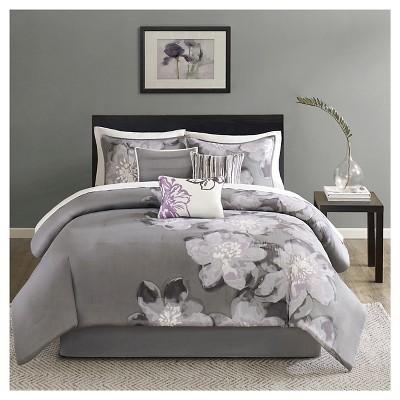 Gray Purple Jasmine Watercolor Floral Duvet Cover Set 6pc Target