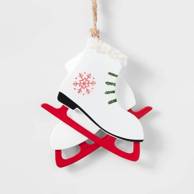 Wood Ice Skates with Sherpa Cuffs Christmas Tree Ornament Green/Red - Wondershop™