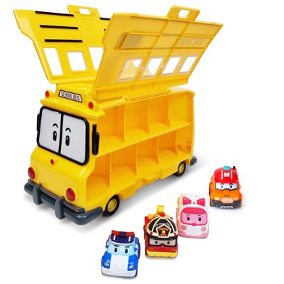Robocar Poli School Bus Carrying Case & Mini Die-Cast Car Amber, Poli, Roy, Mark Set (STEM Educational Toy-Imagination & Role Play)