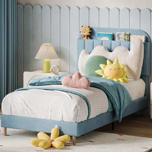 homfan Bed Frames, Velvet Upholstered Platform Bed Frames with Bookcase Headboard, Heavy Duty Steel Support Legs, Easy Assembly, Noise Free - 1 of 4