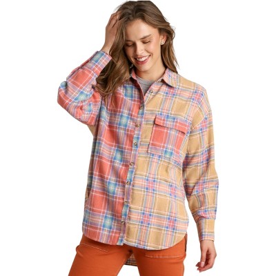 Slickblue Women's Mixed Plaid Boxy Cut Flannel, Button Down Shirt with Pocket, Pink Green/Coral Taupe, Size S-L