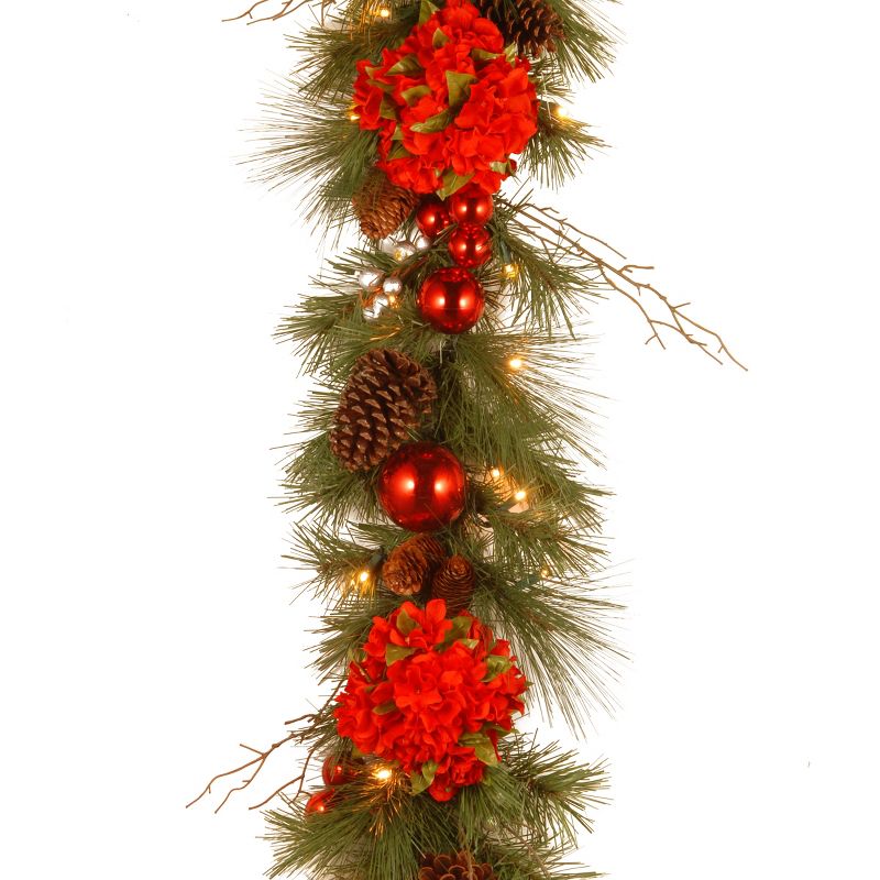 National Tree Company 9 ft. Hydrangea Garland with Battery Operated Warm White LED Lights, 1 of 6