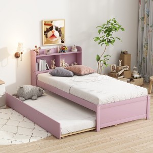 BABYYER Twin Bed with Trundle, Twin Size Platform Bed with Bookcase Headboard, Wood Bed Frame for Girls and Boys - 1 of 4