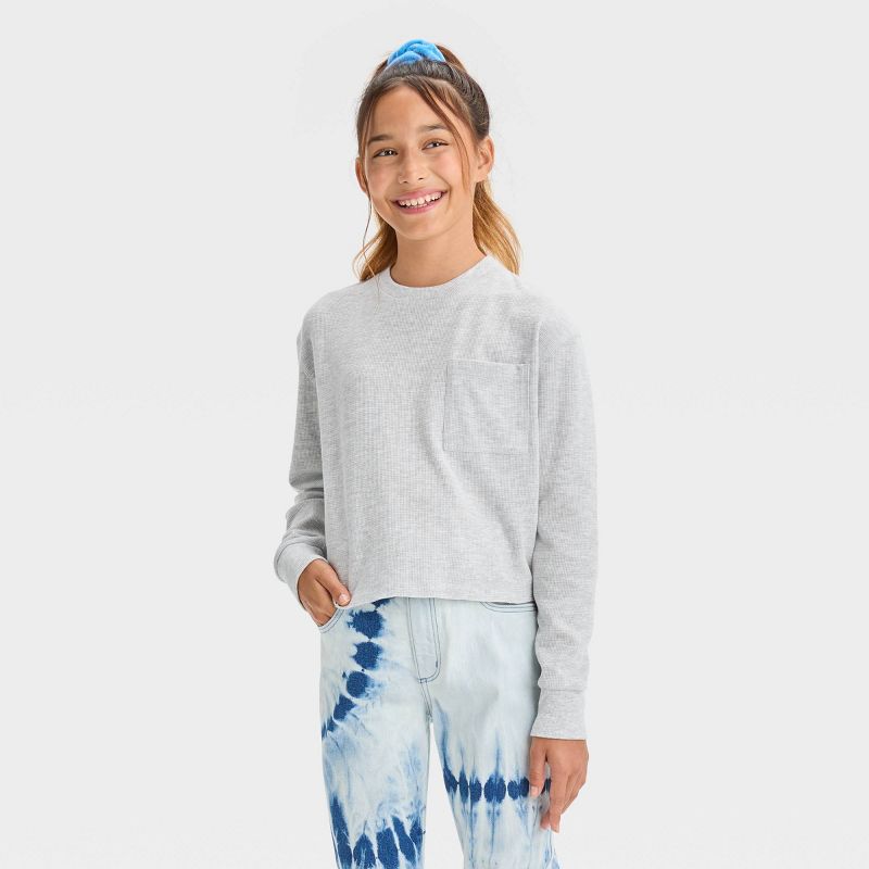 Girls' Long Sleeve Waffle Top with Pocket - art class™, 1 of 7