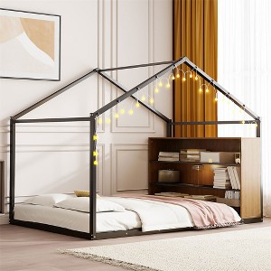 House Bed, Full Size Toddler Floor Bed With Warm LED Lights, Side Shelves, Metal Slats, House Floor Bed For Kids, No Box Spring Needed - 1 of 4
