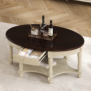 Grungis Round Coffee Table with Sliding Door,Mid Century Vintage Slatted Design Center Table for Living Room - 1 of 4