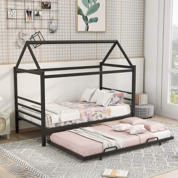 Twin Size Metal House Shape Platform Bed with Trundle Bed, Black-ModernLuxe