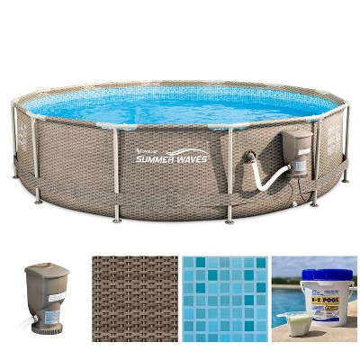 Summer Waves P20012335 12ft x 30in Outdoor Round Frame Above Ground Swimming Pool Set with Skimmer Filter Pump, Filter Cartridge & Solution Blend