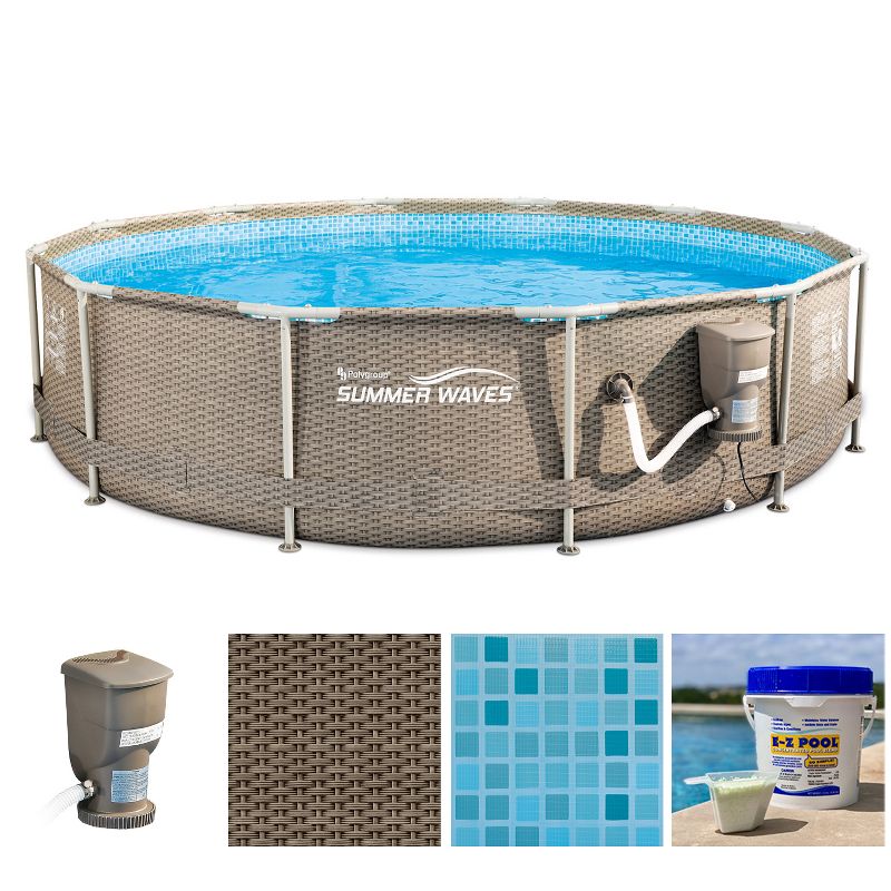 Summer Waves P20012335 12ft x 30in Outdoor Round Frame Above Ground Swimming Pool Set with Skimmer Filter Pump, Filter Cartridge & Solution Blend, 1 of 6