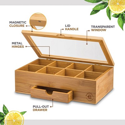 Natural Bamboo Tea Bag Organizer with Acrylic Window and Drawer