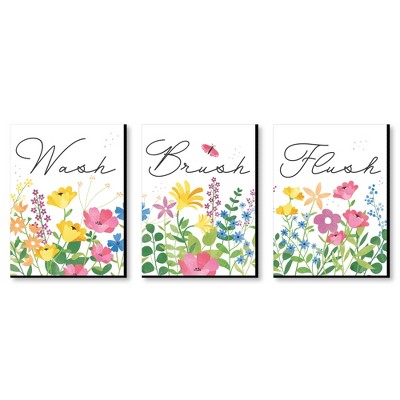 Big Dot of Happiness Wildflowers - Boho Floral Kids Bathroom Rules Wall Art - 7.5 x 10 inches - Set of 3 Signs - Wash, Brush, Flush
