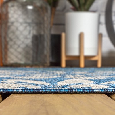 Navy and Aqua Floral Flat Woven Indoor/Outdoor Rug