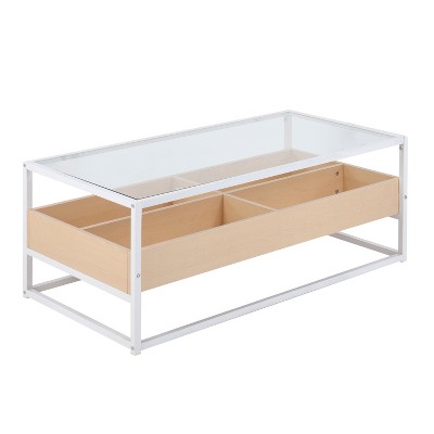 Display Contemporary Coffee Table in White Metal, Natural Wood, and Clear Glass by LumiSource