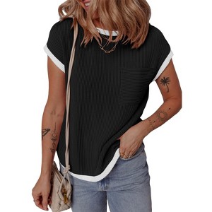 Womens Summer Causal Tops Cap Sleeve Shirts with Color Block Cuff Tiny Striped T-Shirts Chest Pocket Summer Lounge Tops Striped Shirts - 1 of 4