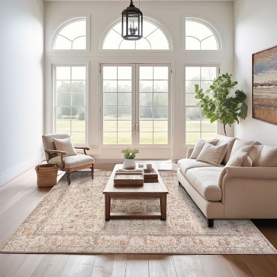 Light Brown Rectangular Synthetic Vintage Medallion 4' x 6' Area Rug